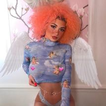 Sexy women's T-shirt transparent mesh top long sleeved slim fit women's high neck little angel pattern T-shirt