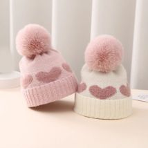 Fuax Fur Pompom Baby Hat Heart Printed Knitting Autumn Winter Newborn Infant Beanie Cap Toddler Warm Crochet Girls Boys Hats