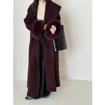 BJTZ Fox Hair Cuffs Double-sided Cashmere Coat Women 2024 Autumn/winter Mid-length Lace-up Loose Coat Fashion Simple