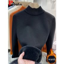 Schlanke Hälfte Rollkragen Gestrickte Pullover Frauen Strickwaren Samt Gefüttert Jumper Winter Warm Verdicken Pullover Weiche Jersey Suete Tops