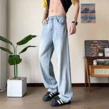 Sommer Neue Lose Jean für Männer Hellblau Gerade Breite bein Gestickte Modische Casual Denim Lange Hosen Männlichen baggy jeans mann