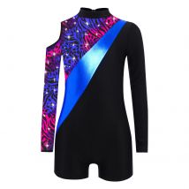 Teen Girls Dance Gymnastics Acrobatics Performance Costume Rhinestones Long Sleeve Print Leotard Ballet Skating Yoga Dancewear