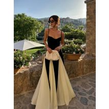 Fashion Contrast Women's V-neck Sling Long Dress For Women Elegant Pleated Backless Sleveless Maxi Dresses Lady Evening Vestidos