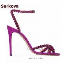 Surkova Bling Bling Kristall Hochzeit Schuhe Lila Grün Glitter Strass Strappy Hohe Ferse Sandalen