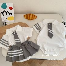 RAISE Sommer Geschwister Look Baumwolle College Drehen Unten Kragen Infant Kurzen Ärmeln Overall Elastische Taille Kind Mädchen Falten Rock Set