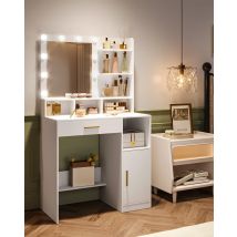 Hzuaneri Tocador con espejo y 10 luces LED, mueble de tocador con 3 estantes y 4 compartimentos abiertos, con cajón grande