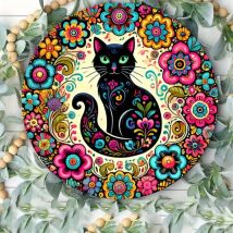 Metallschild mit mexikanischer Tag der toten Katze – Blumenkranz, runde Eisenkunst für Zuhause, Café, Büro, Garten, Restaurant, buntes Geschenk**