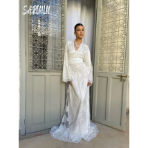 Elegantes A-Linie Abendkleid Weiße Perle Tüll Braut Kaftan Kleider Kaftan V-Ausschnitt Maßgeschneidertes Kleid für Hochzeit Vestidos De Gala