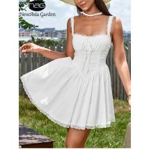Newasia Frauen Spaghetti träger Spitze Cami Mini Korsett Kleid rücken frei binden geraffte lässige Urlaub Party kurze Kleider Sommer