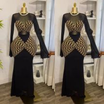 2025 herbst Mode Frauen Maxi Kleid Gedruckt Schwarz Mesh Patchwork Langarm Bodycon Geraffte Sexy Geburtstag Abend Party Kleider