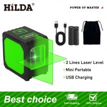 HILDA Mini-Laser-Wasserwaage, 2-Linien-Laser-Wasserwaage, USB-Aufladung, selbstnivellierender Laser mit grünen Strahlen, horizontale und vertikale Kreuzlinie