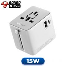 GONEO Universal Travel Adapter 15W/20W,Auto Reset 8 Protections All-in-one Socket 2 AC 1 USB-C 1 USB-A, AC EU US UK AU Standard