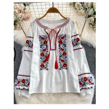 Women's Autumn Bohemian Blouse Ethnic Embroidered O-Neck Shirt Casual Bow Tie Loose Top Linen-cotton Female Pullovers Girl BL256