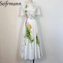 Seifrmann printed white background poplin dress 2025 autumn round neck short sleeved waist cinched long skirt belt dress
