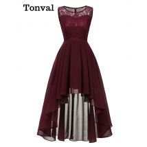 Tonval Spitze Elegante Party Abend Robe Frauen Chiffon High Low Saum Maxi Kleid Oansatz Ärmellose Sommer Vintage Damen Kleider