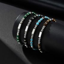 Bracciale unico alla moda con perline in pietra naturale, bracciale con catena in acciaio inossidabile, gioielli classici in pietra occhio di tigre per uomo
