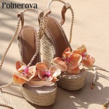 Flower Espadrilles Wedge Sandals Vacation Beach Sandals Platform Ankle Buckle Sandals Fashion Style Handmade Women Summer Shoes