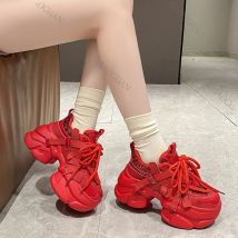 Frauen Plattform Turnschuhe Frühling Herbst 8cm Chunky High Heels Bling Rot Damen Keile Casual Papa Schuhe Leder Sport Turnschuhe