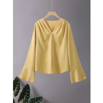 Hohe Qualität Frauen Beliebte Casual Blusen Luxus Atmungsaktive Langarm V-ausschnitt Tops Reine Farbe Vielseitig Geeignet Für Pendeln