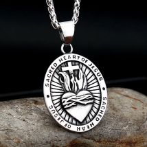 Herren-Halskette mit Herz Jesu-Anhänger für Männer und Frauen, 316L-Edelstahl, religiöses Kreuz, Amulett, Schmuck, Geschenke, Modeaccessoire