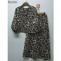 Zanzea Mode Leoparden muster Hose Sets Frauen Laterne Ärmel Bluse weites Bein Hose 2 stücke Outfits Herbst Streetwear 2-teilige Sets