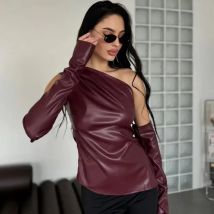 Tuularose Leder Weste Tops Frauen Sexy Ärmel Off Schulter Retro Y2k PU Hülse Tops Set Weibliche Mode Leder Tees T-Shirt