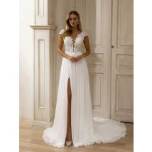 Lace Applique A Line Wedding Dresses 2025 Boho Cap Sleeve Deep V Bridal Gown For WomenBackless Side Slit Bride Dress Customized