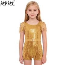 Kids Girls Shiny Sequins Tassels Jazz Dance Jumpsuit Sleeveless Adjustable Waistbelt Bodysuit for Birthday Wedding Pageant Party