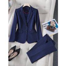 Blue Black Stripe Ladies Formal Pant Suit 2 Piece Set Women Female Autumn Winter Business Work Wear Jacket Blazer and Trouser