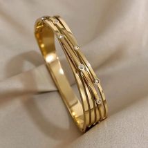 Trendy Inlaid Rhinestone Stainless Steel Geometric Cross Cuff Bangles Bracelets for Women Gold Silver Color Waterproof Jewelry