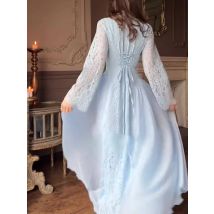 Leisure O-neck Long Sleeve Big Hem Dress Lady Color Blocked Pleated High Waist Dress Vintage Elegant Lace Spliced Banquet Dress
