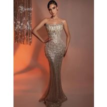 VC Apricot Sequins Mermaid Long Dress Optical Illusion Strapless Crystals Flowers Embellished Celebrity Evening Party Gowns