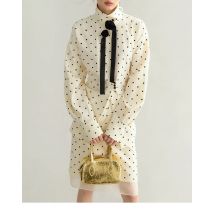 Herbst Frühling Zwei Stück Elegante Rock Set Polka Dot Blume Band Jacke und Rock Set Lange Sleeve Zipper Mantel Bluse Frauen