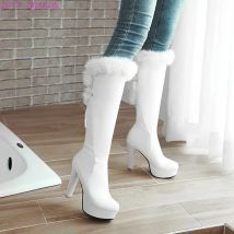 Neue Mode Pelz Kniehohe Stiefel frauen Runde Kappe Winter Stiefel High Heel Lange Stiefel Warm Halten Schuhe Frauen Stilettos bottes Weiß