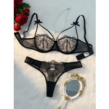 2-piece women's black comfortable lightweight bow semi transparent lingerie set ZA824057