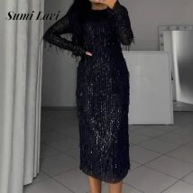 2025 mode Hohe Taille Party Kleid Elegante Pailletten Quaste Abend Party Kleid Frauen Casual Langarm Einfarbig Lange Kleider