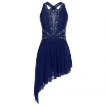 Women Rhinestone Sleeveless Ballet Leotard Dress Backless Irregular Hem Figure Skating Dress Lyrical Competition Dance Costumes
