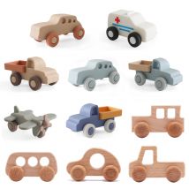 BPA-freie Silikon-Auto- und Krankenwagen-Spielzeuge, hölzerne Cartoon-Bus-Beißringe, pädagogisches Montessori-Spielzeug für Kinder, Beißspielzeug für Babys
