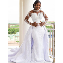 Maßgeschneidertes afrikanisches Hochzeitskleid mit hohem Kragen, glänzenden Kristallen und Perlen, Meerjungfrau, lange Ärmel, Brautkleid mit abnehmbarem Rock