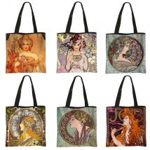 Ölgemälde von Alphonse Mucha Print Umhängetaschen Frauen kausale Taschen Schönheit Damen Handtasche weibliche wieder verwendbare Lagerung Einkaufstasche