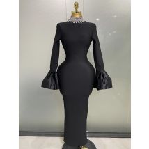 2025 Frauen Sexy Flare Hülse Sparkly Kristall Schwarz Bodycon Verband Langes Kleid Elegante Abend Party Feiern Roter Teppich Kleid