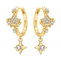PANPOKI 925 Sterling Silver Golden Sparkling Stars Drop Earrings Women Earrings Charm Fashion Versatile Party Jewelry Gifts