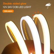 12V 24V COB LED Strip Light Double Side Glow impermeabile flessibile LED Neon Tape 320LED illuminazione lineare ad alta densità 0.5-20M