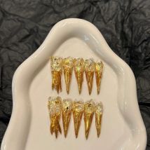 Handgefertigte Nägel zum Aufdrücken, glänzende Goldfolien-Kunstnägel mit Strass-Design, tragbar, vollständige Abdeckung, europäische lange, spitze Kunstnägel