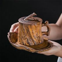 Vintage Holz Textur Tassen Baumstumpf Keramik Kaffee Becher mit Griff und Deckel Frühstück Milch Tassen Personalisierte Geschenke für Freunde