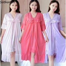 Robe Kleid Sets Frauen 2 stücke Solide Eis-seide Trendy Casual Lace Up Home Beliebte 3XL Lose Nachtwäsche Sexy dünne Frauen Frauen Bademantel Chic