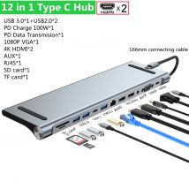 Concentrador tipo C 11/12 en 1 con adaptador multipuerto 4K, estación de acoplamiento compatible con HDMI, USB 3,0, RJ45, SD/TF, VGA, PD, para ordenador portátil, MacBook, iPad