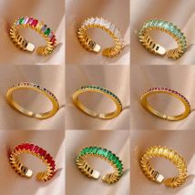 Mini cyrkon zielone pierścionki dla kobiet stal nierdzewna złoty kolor regulowany palec serdeczny zaręczynowy ślubna biżuteria świąteczna prezent