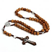 Collana con croce di rosario con perline di legno da 10 mm per donna uomo cristiano Vergine Maria INRI catena con ciondolo gioielli religiosi di moda