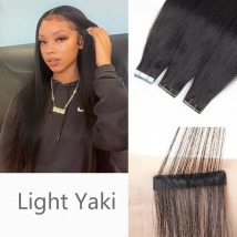 Unsichtbares Klebeband in Haarverlängerungen, Echthaar, helles Yaki-Band, Haarverlängerungen, 1B, Remy-Yaki, glattes Haar, Bündel, 4 x 0,8 cm, 20 Stück